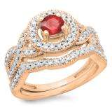 1.00 Carat (ctw) 14K Rose Gold Round Cut Ruby & White Diamond Ladies Swirl Bridal Halo Engagement Ring With Matching Band Set 1 CT
