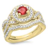 1.00 Carat (ctw) 14K Yellow Gold Round Cut Ruby & White Diamond Ladies Swirl Bridal Halo Engagement Ring With Matching Band Set 1 CT