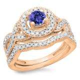 1.00 Carat (ctw) 18K Rose Gold Round Cut Tanzanite & White Diamond Ladies Swirl Bridal Halo Engagement Ring With Matching Band Set 1 CT