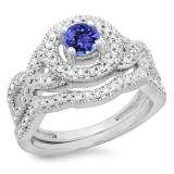1.00 Carat (ctw) 18K White Gold Round Cut Tanzanite & White Diamond Ladies Swirl Bridal Halo Engagement Ring With Matching Band Set 1 CT