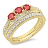 1.00 Carat (ctw) 18K Yellow Gold Round Cut Ruby & White Diamond Ladies Bridal 3 Stone Engagement Ring With Matching Band Set 1 CT