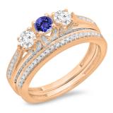1.00 Carat (ctw) 10K Rose Gold Round Cut Tanzanite & White Diamond Ladies Bridal 3 Stone Engagement Ring With Matching Band Set 1 CT