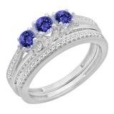 1.00 Carat (ctw) 18K White Gold Round Cut Tanzanite & White Diamond Ladies Bridal 3 Stone Engagement Ring With Matching Band Set 1 CT