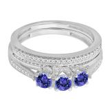 1.00 Carat (ctw) 18K White Gold Round Cut Tanzanite & White Diamond Ladies Bridal 3 Stone Engagement Ring With Matching Band Set 1 CT
