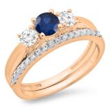 1.00 Carat (ctw) 10K Rose Gold Round Cut Blue Sapphire & White Diamond Ladies Bridal 3 Stone Engagement Ring Matching Band Set 1 CT