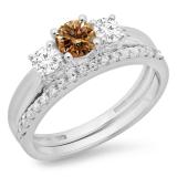 1.00 Carat (ctw) 18K White Gold Round Cut Champagne & White Diamond Ladies Bridal 3 Stone Engagement Ring Matching Band Set 1 CT