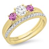 1.00 Carat (ctw) 10K Yellow Gold Round Cut Pink Sapphire & White Diamond Ladies Bridal 3 Stone Engagement Ring Matching Band Set 1 CT
