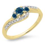 0.50 Carat (ctw) 10K Yellow Gold Round Cut Blue & White Diamond Ladies Bridal Bypass Swirl 3 Stone Engagement Ring 1/2 CT