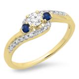 0.50 Carat (ctw) 14K Yellow Gold Round Cut Blue Sapphire & White Diamond Ladies Bridal Bypass Swirl 3 Stone Engagement Ring 1/2 CT