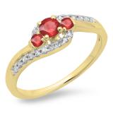 0.50 Carat (ctw) 10K Yellow Gold Round Cut Ruby & White Diamond Ladies Bridal Bypass Swirl 3 Stone Engagement Ring 1/2 CT