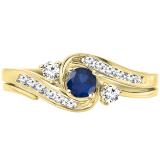 0.50 Carat (ctw) 10K Yellow Gold Round Blue Sapphire And White Diamond Ladies Swirl Bridal Engagement Ring Matching Band Set 1/2 CT