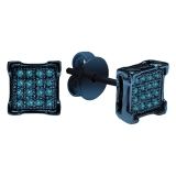0.10 Carat (ctw) Blue Rhodium Plated Sterling Silver Round Blue Diamond V-Prong Square Shape Mens Hip Hop Iced Stud Earrings