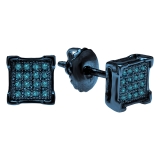 0.10 Carat (ctw) Blue Rhodium Plated Sterling Silver Round Blue Diamond V-Prong Square Shape Mens Hip Hop Iced Stud Earrings