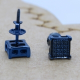 0.10 Carat (ctw) Blue Rhodium Plated Sterling Silver Round Blue Diamond V-Prong Square Shape Mens Hip Hop Iced Stud Earrings