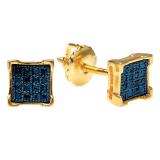 0.10 Carat (ctw) 14K Yellow Gold Blue Diamond V-Prong Square Mens Hip Hop Iced Stud Earrings
