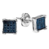 0.05 Carat (ctw) 14K White Gold Round Blue Diamond V Prong Square Shape Men's Hip Hop Iced Stud Earrings