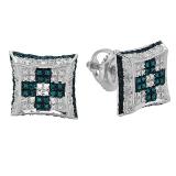 0.10 Carat (ctw) Sterling Silver Round Blue & White Diamond Chess Setting Kite Shape Stud Earrings 1/10 CT