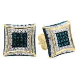 0.15 Carat (ctw) Round Blue & White Diamond Micro Pave Setting Kite Shape Stud Earrings 14K Yellow Gold