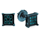 0.05 Carat (ctw) Blue Rhodium Plated Sterling Silver Round Blue Diamond Square Shape Men's Hip Hop Iced Stud Earrings