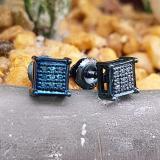 0.05 Carat (ctw) Blue Rhodium Plated Sterling Silver Round Blue Diamond Square Shape Men's Hip Hop Iced Stud Earrings