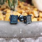 0.05 Carat (ctw) Blue Rhodium Plated Sterling Silver Round Blue Diamond Square Shape Men's Hip Hop Iced Stud Earrings