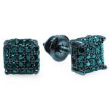 0.33 Carat (ctw) Blue Rhodium Plated Sterling Silver Real Blue Diamond Ice Cube Dice Shape Mens Hip Hop Iced Stud Earrings 1/3 CT