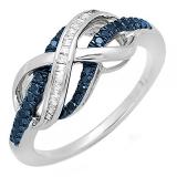 0.20 Carat (ctw) Sterling Silver Round & Baguette Cut Blue & White Diamond Ladies Swirl Infinity Two Tone Wedding Ring 1/5 CT