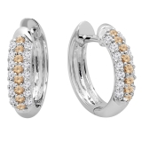 0.30 Carat (ctw) 10K White Gold Round Champagne & White Diamond Ladies Pave Set Huggies Hoop Earrings 1/3 CT