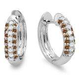 0.30 Carat (ctw) 10K White Gold Round Champagne & White Diamond Ladies Pave Set Huggies Hoop Earrings 1/3 CT