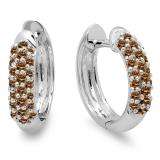 0.30 Carat (ctw) 10K White Gold Round Champagne Diamond Ladies Pave Set Huggies Hoop Earrings 1/3 CT