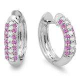 0.30 Carat (ctw) 18K White Gold Pink Sapphire & White Round Diamond Ladies Pave Set Huggies Hoop Earrings 1/3 CT