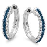 0.50 Carat (ctw) 14K White Gold Round Blue & White Diamond Ladies Pave Set Huggies Hoop Earrings 1/2 CT