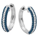 0.50 Carat (ctw) 10K White Gold Round Blue & White Diamond Ladies Pave Huggies Hoop Earrings 1/2 CT