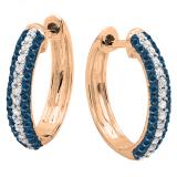 0.50 Carat (ctw) 18K Rose Gold Round Blue & White Diamond Ladies Pave Set Huggies Hoop Earrings 1/2 CT