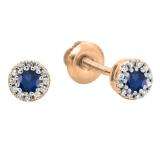 0.20 Carat (ctw) 10K Rose Gold Round Blue Sapphire & White Diamond Ladies Cluster Halo Style Stud Earrings 1/5 CT