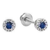 0.20 Carat (ctw) 14K White Gold Round Blue Sapphire & White Diamond Ladies Cluster Halo Style Stud Earrings 1/5 CT