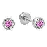 0.20 Carat (ctw) 10K White Gold Round Pink Sapphire & White Diamond Ladies Cluster Halo Style Stud Earrings 1/5 CT