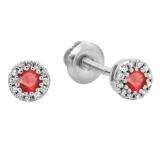 0.20 Carat (ctw) 14K White Gold Round Ruby & White Diamond Ladies Cluster Halo Style Stud Earrings 1/5 CT