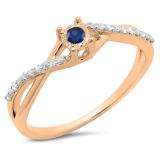 0.20 Carat (ctw) 14K Rose Gold Round Blue Sapphire & White Diamond Ladies Swirl Split Shank Promise Engagement Ring 1/5 CT