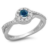 0.50 Carat (ctw) 14K White Gold Round Cut Blue & White Diamond Ladies Swirl Split Shank Bridal Halo Engagement Ring 1/2 CT
