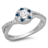 0.50 Carat (ctw) 10K White Gold Round Cut Blue & White Diamond Ladies Swirl Split Shank Bridal Halo Engagement Ring 1/2 CT