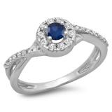 0.50 Carat (ctw) 14K White Gold Round Cut Blue Sapphire & White Diamond Ladies Swirl Split Shank Bridal Halo Engagement Ring 1/2 CT