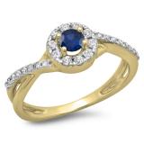 0.50 Carat (ctw) 14K Yellow Gold Round Cut Blue Sapphire & White Diamond Ladies Swirl Split Shank Bridal Halo Engagement Ring 1/2 CT