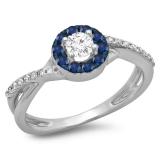 0.50 Carat (ctw) 14K White Gold Round Cut Blue Sapphire & White Diamond Ladies Swirl Split Shank Bridal Halo Engagement Ring 1/2 CT