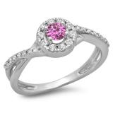 0.50 Carat (ctw) 14K White Gold Round Cut Pink Sapphire & White Diamond Ladies Swirl Split Shank Bridal Halo Engagement Ring 1/2 CT