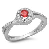 0.50 Carat (ctw) 14K White Gold Round Cut Ruby & White Diamond Ladies Swirl Split Shank Bridal Halo Engagement Ring 1/2 CT