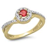0.50 Carat (ctw) 14K Yellow Gold Round Cut Ruby & White Diamond Ladies Swirl Split Shank Bridal Halo Engagement Ring 1/2 CT