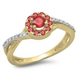 0.50 Carat (ctw) 18K Yellow Gold Round Cut Ruby & White Diamond Ladies Swirl Split Shank Bridal Halo Engagement Ring 1/2 CT
