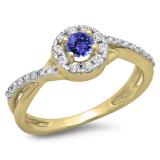 0.50 Carat (ctw) 14K Yellow Gold Round Cut Tanzanite & White Diamond Ladies Swirl Split Shank Bridal Halo Engagement Ring 1/2 CT