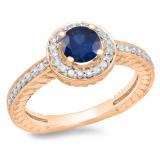 1.00 Carat (ctw) 14K Rose Gold Round Cut Blue Sapphire & White Diamond Ladies Bridal Vintage Halo Style Engagement Ring 1 CT